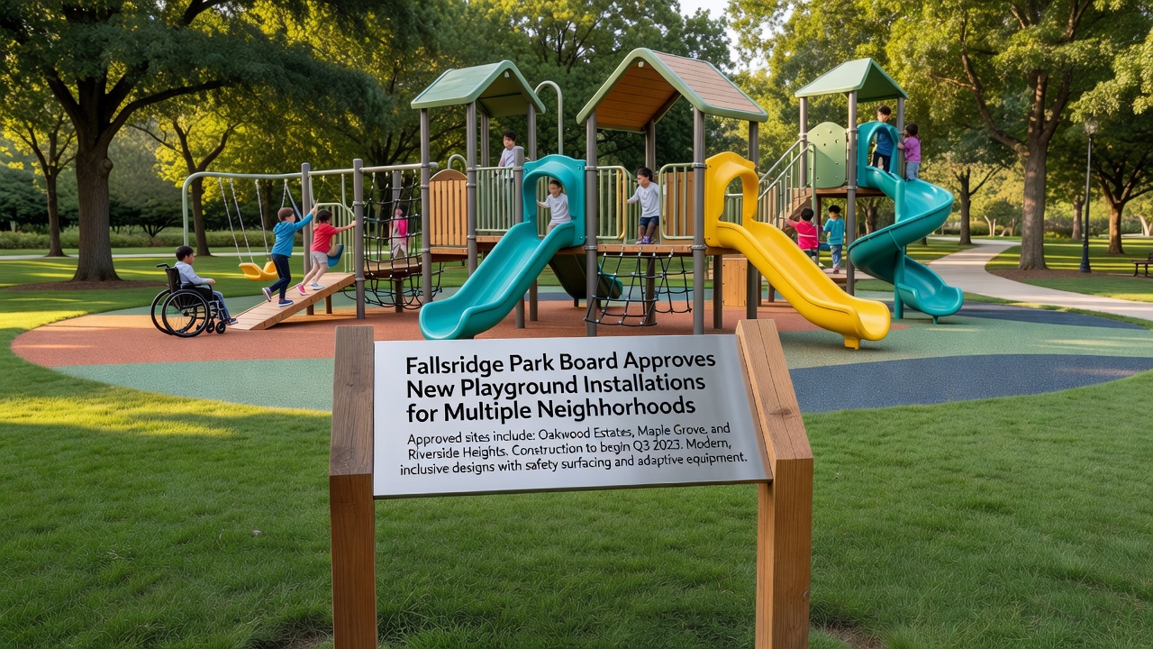 Playground equipment models displayed for community review in Fallsridge