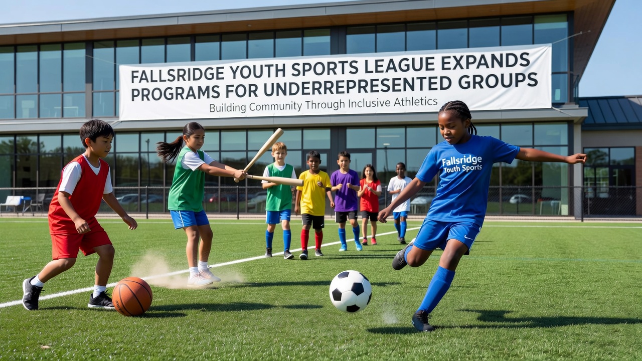 Group of young athletes and coaches at a Fallsridge league orientation event discussing program options